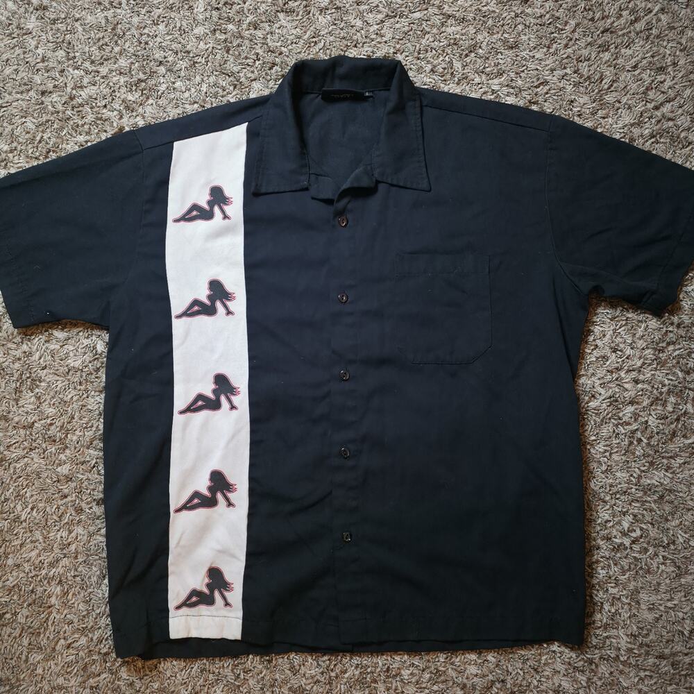 VTG Steady Last Call Shirt Men's L Short Sleeve Black Pinup Girls Bowling USA